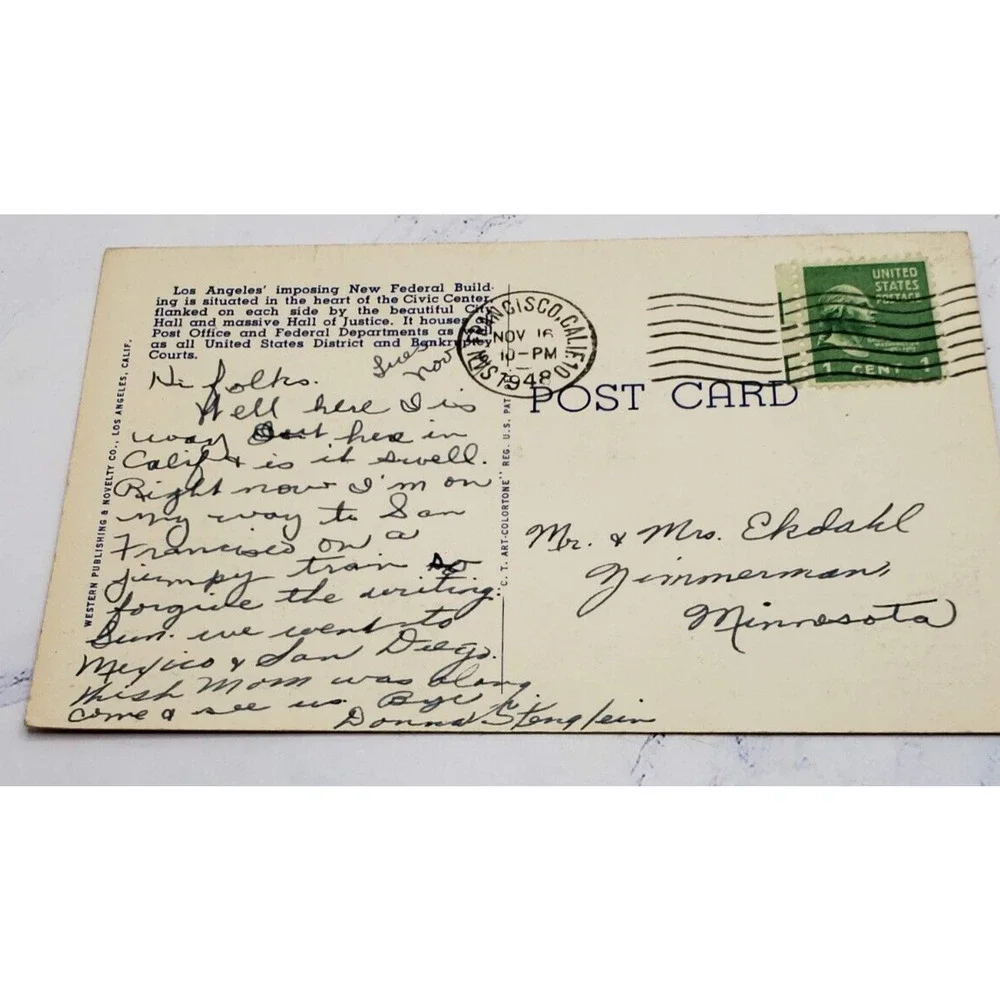 Postcard New Post Office and Federal Building Los Angeles California 1948